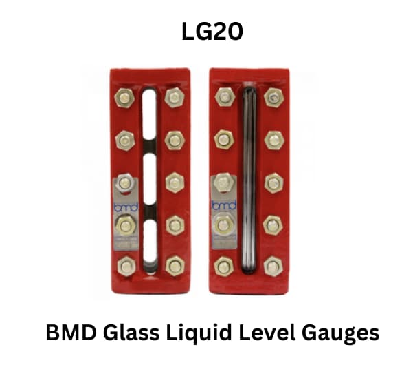 Side view of two glass liquid level gauges marked BMD Glass Liquid Level Gauges against a plain backdrop